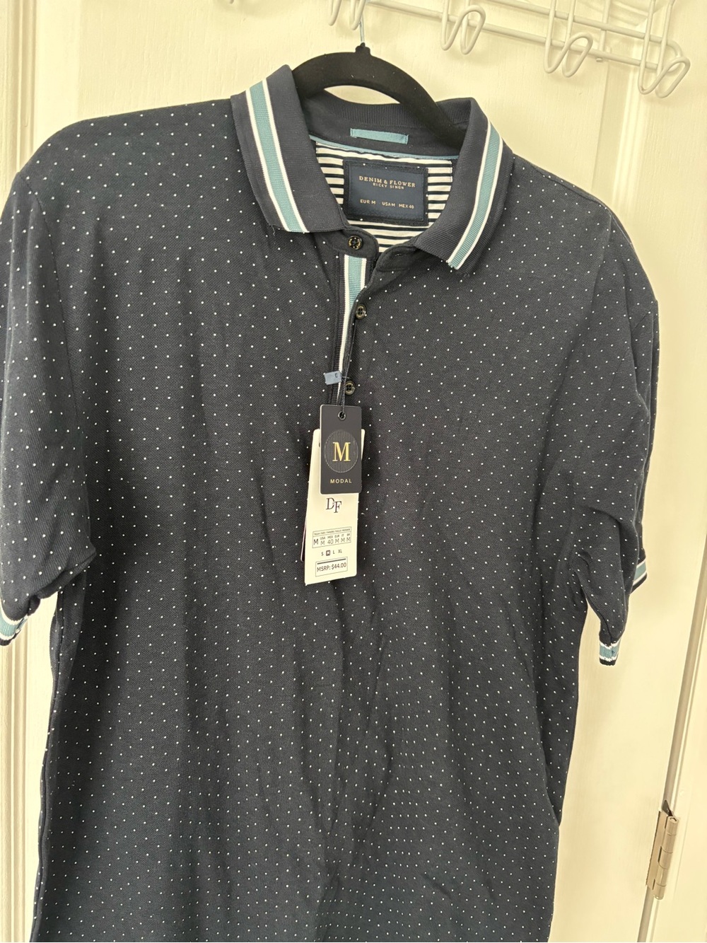 Denim & Flower Navy Polo with White Micro-Dots and Stripe Trim